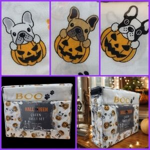 4pc Halloween French Bulldog Frenchie Dog Boo Pumpkin QUEEN Bed Sheet Decor Set